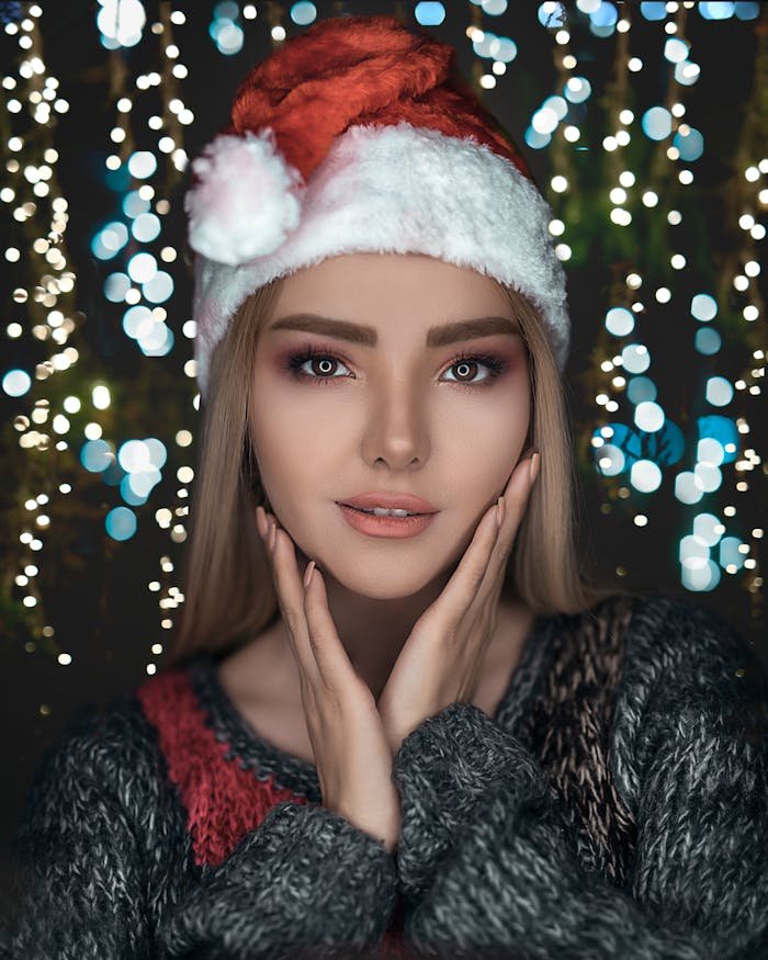 Charming woman in a Santa hat poses with Christmas lights in the background, exuding holiday spirit.