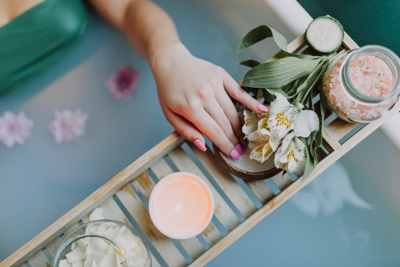 creative-01 Elegant spa setting with flowers, bath salts, and calming ambiance for ultimate relaxation.